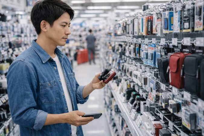 カメラ本体と周辺アクセサリーをあわせて比較する量販店の様子