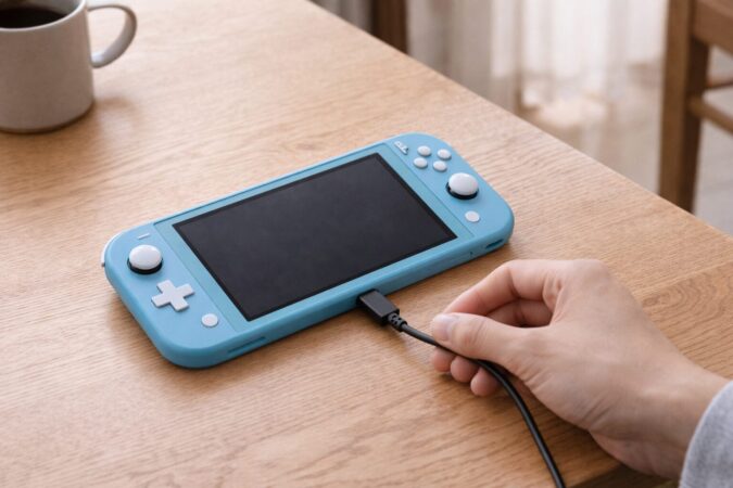 携帯型のSwitch Lite風ゲーム機をUSB-Cで充電している様子