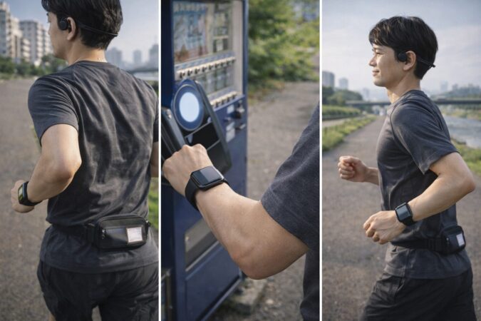 ランニングで手ぶら外出を成立させる構成（連絡・決済・音楽）を表した日本の河川敷ランナーシーン