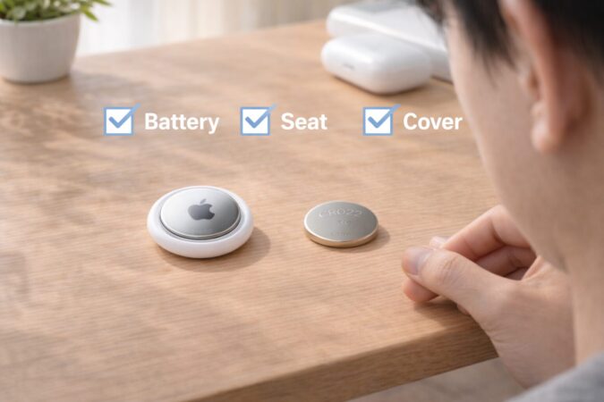 AirTag本体と新品CR2032電池を並べ、リセット失敗時の見直し点を表現した画像