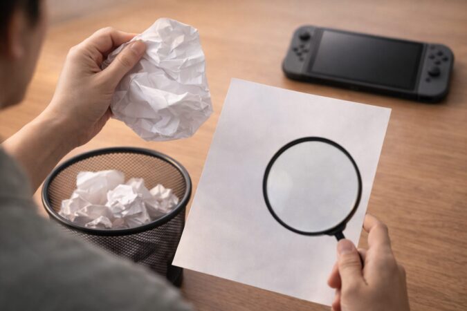 リークを鵜呑みにせず情報の確度を見極めるイメージ(検証と取捨選択を表す小物構成)