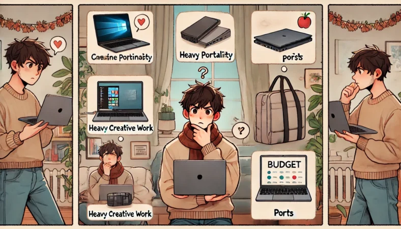 レビューを見ながらノートPC選びに迷う日本人ユーザーの不安な表情