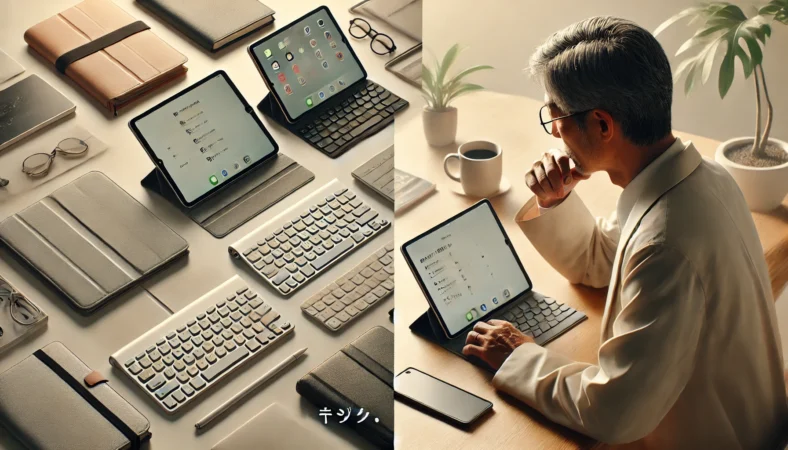 日本人ユーザーがiPad用キーボードケースと軽量カバーを見比べながらレビューを検討する様子