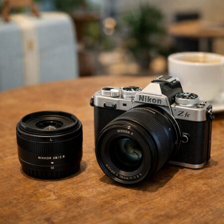 Nikon Z fcと明るい単焦点レンズを組み合わせ、旅行やカフェ撮影に適した構成を示すレンズ選びのイメージ