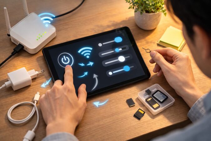 再起動・容量・通信・充電を順に切り分けて不具合原因をチェックする手順イメージ