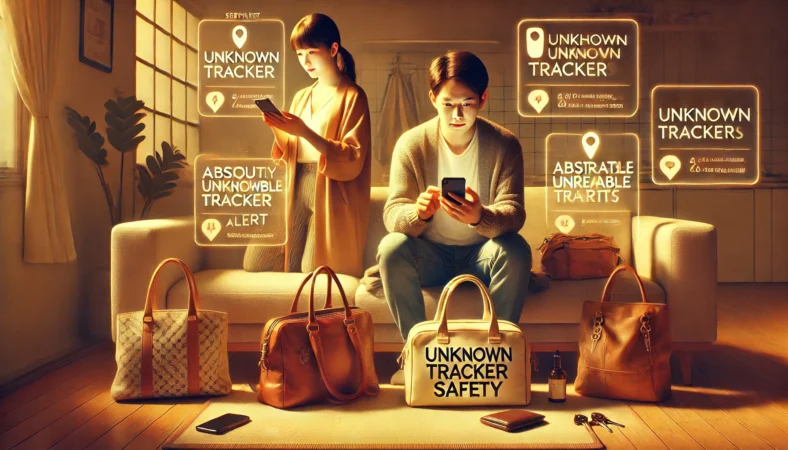 バッグや財布や自転車周辺をライトで調べて不審なトラッカーを探す日本人ユーザーのイメージ