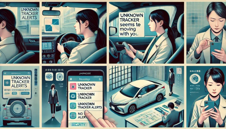 Androidの不明なトラッカー通知設定や手動スキャンを確認する日本人ユーザーのイメージ
