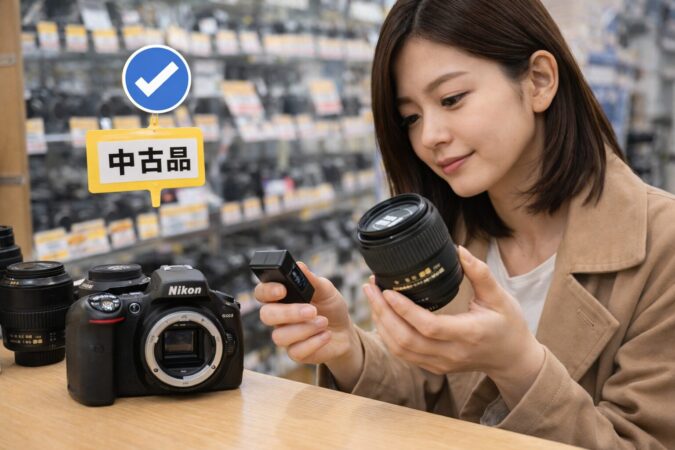 中古のNikon D5300本体と交換レンズを丁寧に確認しながら選ぶ様子を表したイメージ