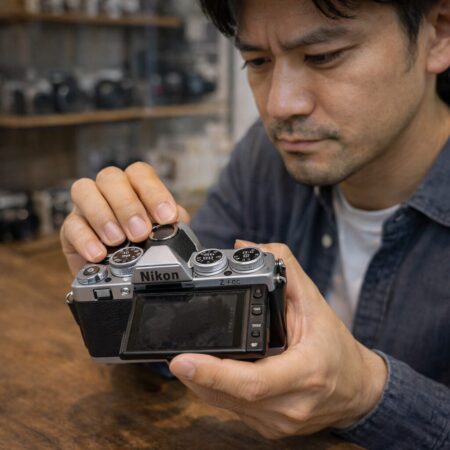 中古のNikon Z fcを日本人ユーザーが外装やダイヤル、液晶の状態まで丁寧に確認しているイメージ