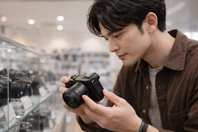 中古の小型ミラーレスカメラを状態確認しながら試す日本人ユーザーのイメージ