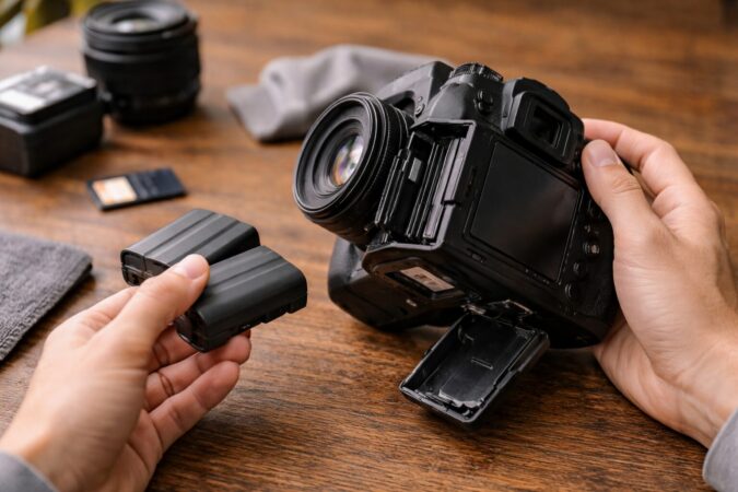 中古の旧型一眼レフをバッテリーやスロットまで確認している点検イメージ