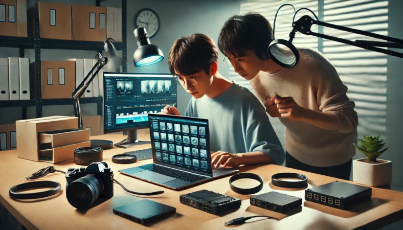 中古ノートPCの状態やポートや付属品を確認する日本人購入者のチェック風景