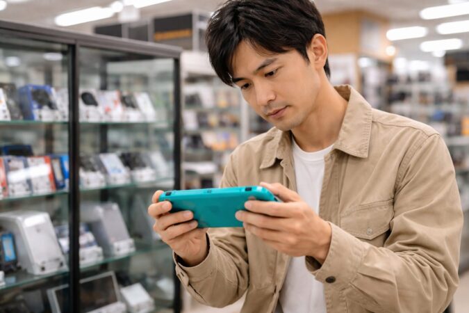 中古の携帯ゲーム機の状態を慎重に確認する日本人購入者のイメージ
