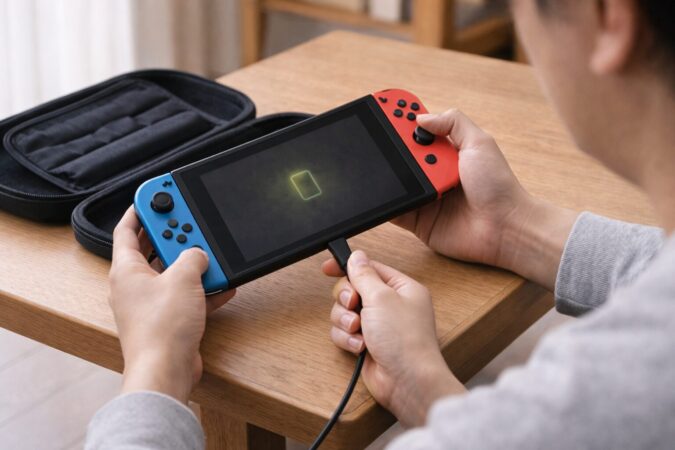 久しぶりに使うSwitch風ゲーム機を直接充電して復旧を試す様子
