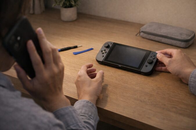 Switch2のバッテリー交換を自己分解せず、公式サポートを優先すべき注意点を伝えるデスク上のイメージ