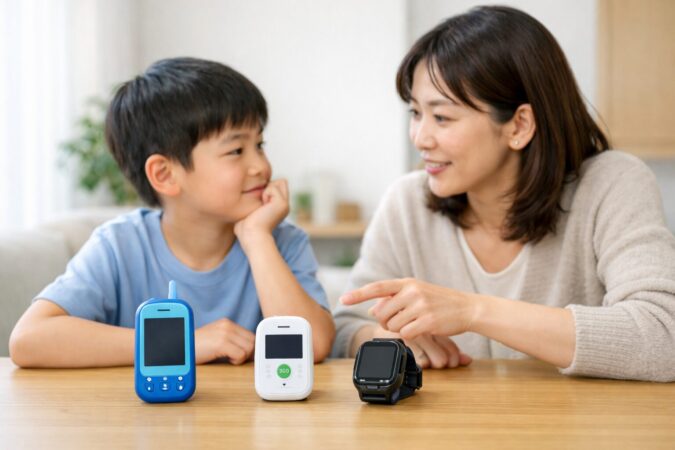 日本人の親子が見守り端末の代替案を比較して選ぶ様子