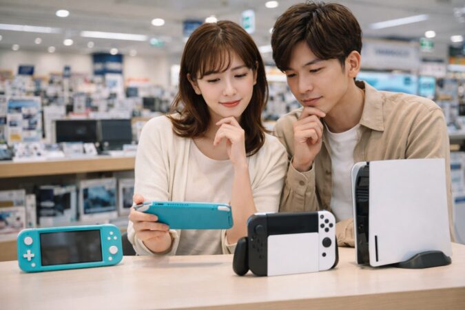 複数のゲーム機を比較して自分に合うモデルを選ぶ日本人ユーザーのイメージ
