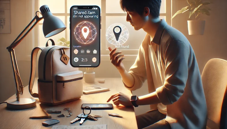 AirTagの位置情報が見つからない場面でバッグと端末を確認する日本人ユーザーのイメージ