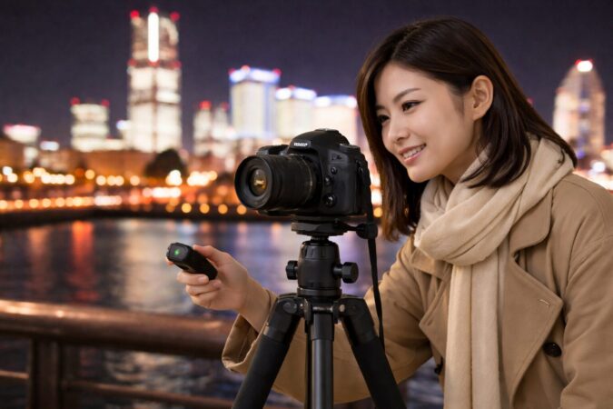 三脚とリモコンを使って夜景を安定して撮影する日本人カメラユーザーのブレ対策イメージ