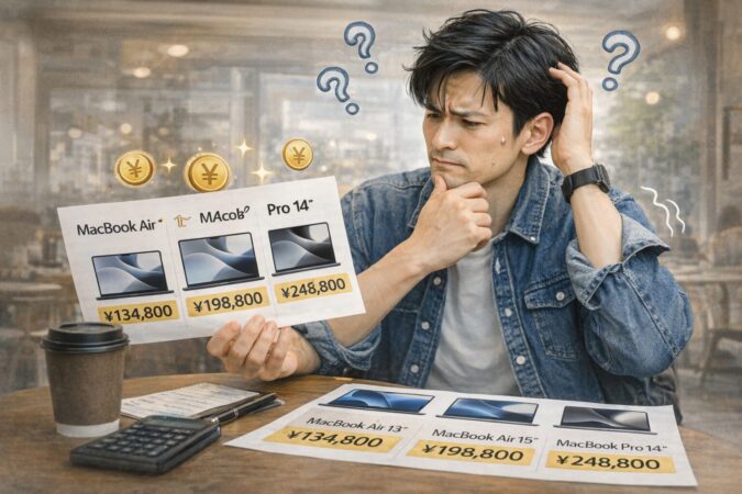 13インチAir、15インチAir、14インチProの間で価格と価値を比較して悩むイメージ