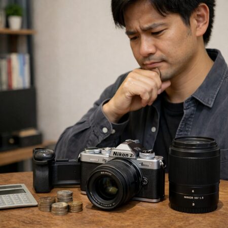 Nikon Z fc本体と追加レンズやグリップを並べ、総額で購入価値を考える日本人ユーザーの比較イメージ