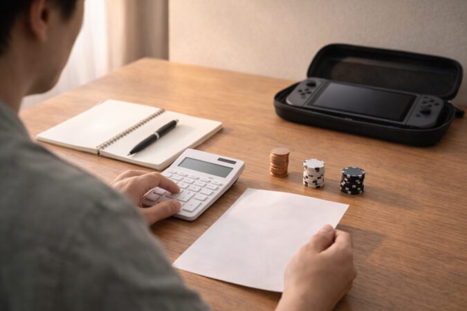 予算の上限ラインを決めて本体とアクセサリ込みの総額で購入判断するイメージ(電卓とコイン)