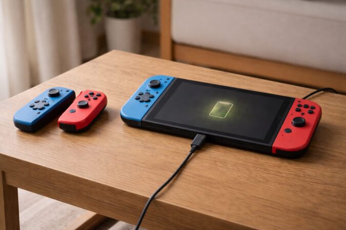 スリープ充電中のSwitch風ゲーム機とコントローラーの静かな回復イメージ
