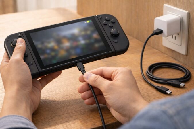 Switch2をUSB-Cで安全に充電する手順とケーブル差し替え確認のイメージ