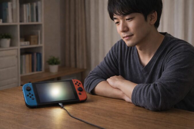 充電切れ後のSwitch風ゲーム機が起動するまで待つ日本人ユーザー