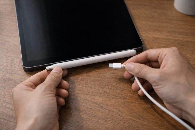 磁石は保管用で有線接続が基本の充電方法を示す実写イメージ