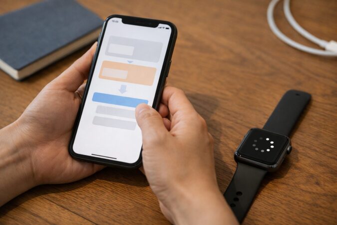 LINE再インストール前に慎重に確認している手元（iPhoneとApple Watch、文字やロゴなし）