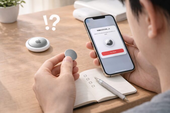 再ペアリングに失敗したAirTagとiPhoneを前に確認作業をする日本人ユーザー