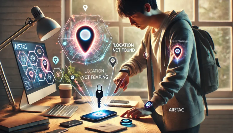 共有したAirTagが表示されないときに確認作業をする日本人ユーザーのイメージ