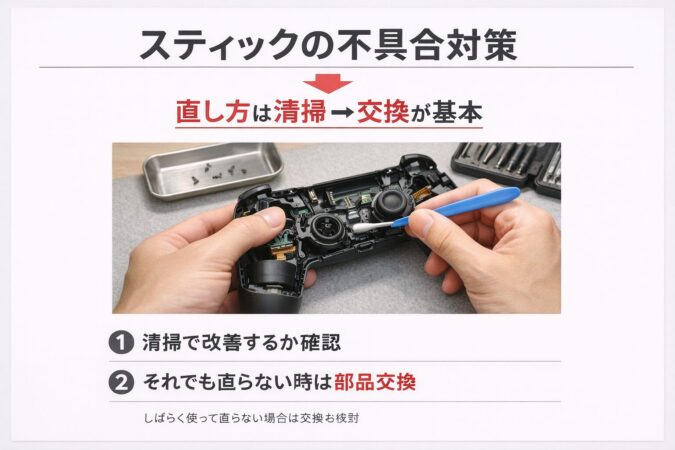 DUALSHOCK 4を軽分解してスティック周りの汚れを丁寧に清掃する手順イメージ