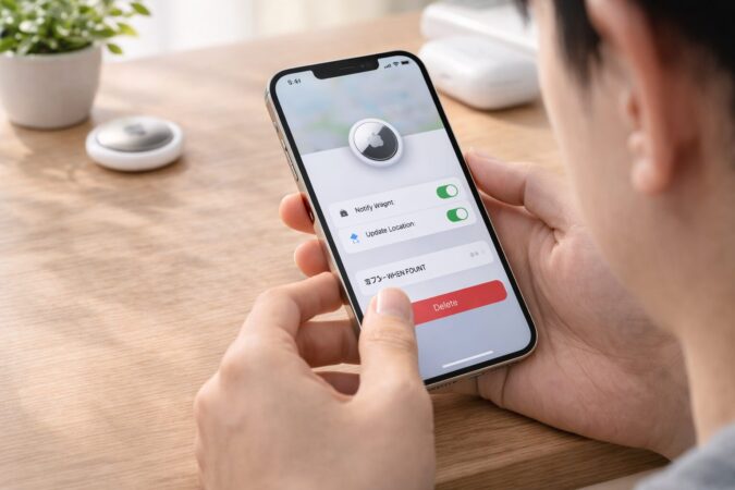 日本人ユーザーがiPhoneの探すアプリでAirTag削除操作を確認する場面