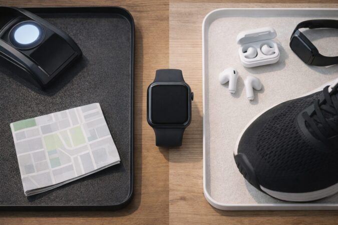 Apple Watch単体でできること（決済・地図・音楽・運動）を、通信の有無で整理するための小物フラットレイ