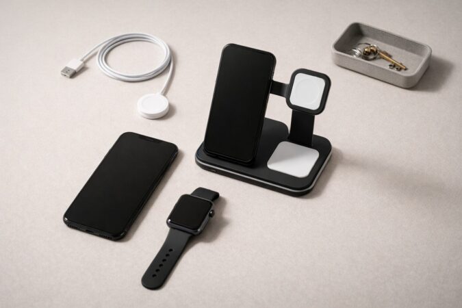 充電と定位置運用で通知のムラを減らすための対策アイテム(充電ケーブル・充電スタンド・iPhoneとApple Watch、文字なし)