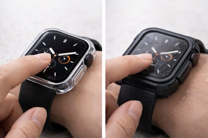 Apple Watchのバンパーとフルカバーでタッチ反応の違いを比較する操作イメージ