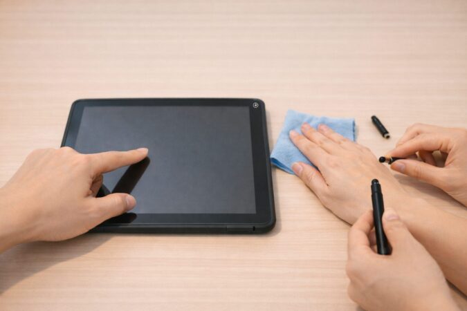 代用ペンが反応しないときに、指の反応確認→再起動→画面汚れやフィルム→ペン先変更で切り分ける手順イメージ