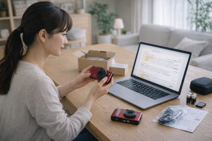 カメラの口コミや付属品内容を慎重に確認するレビュー比較の様子