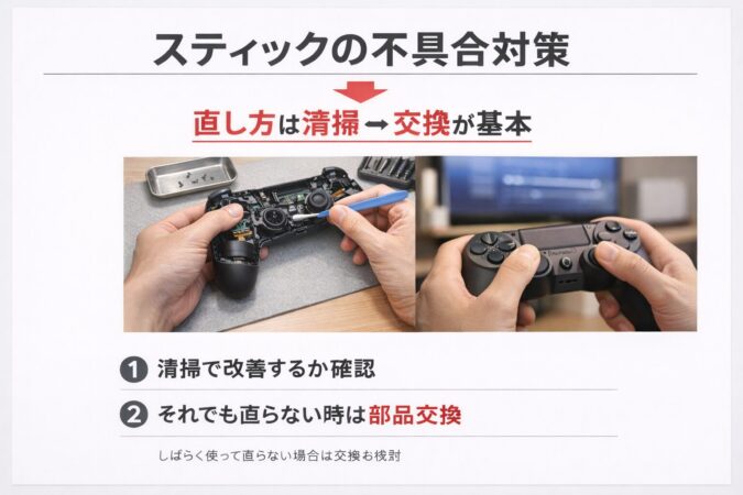 右スティックのドリフト症状をメニュー画面で確認し、原因切り分けと清掃判断につなげるイメージ