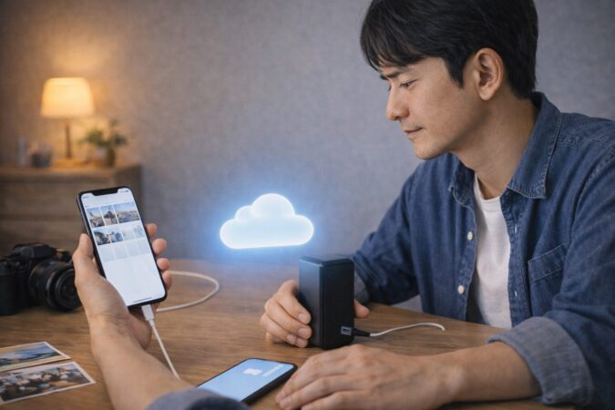 同期されない写真の保存先を確認して保全を考えるイメージ