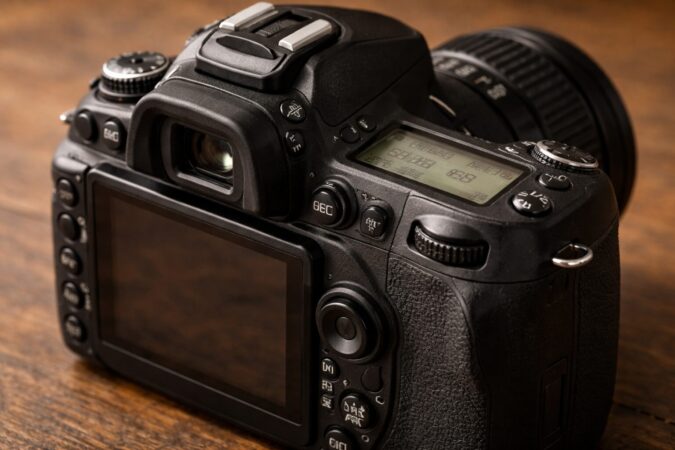 操作しやすいボタン配置やグリップ感が伝わる旧型一眼レフのディテール写真風イメージ