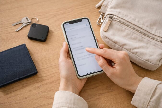 スマホで紛失防止タグの在庫確認をするイメージ