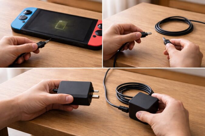 Switch風ゲーム機の充電器とケーブルを確認して原因を切り分ける様子