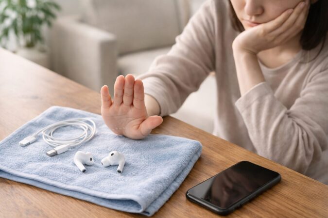洗濯後のワイヤレスイヤホンをすぐ充電や接続確認せず我慢している様子
