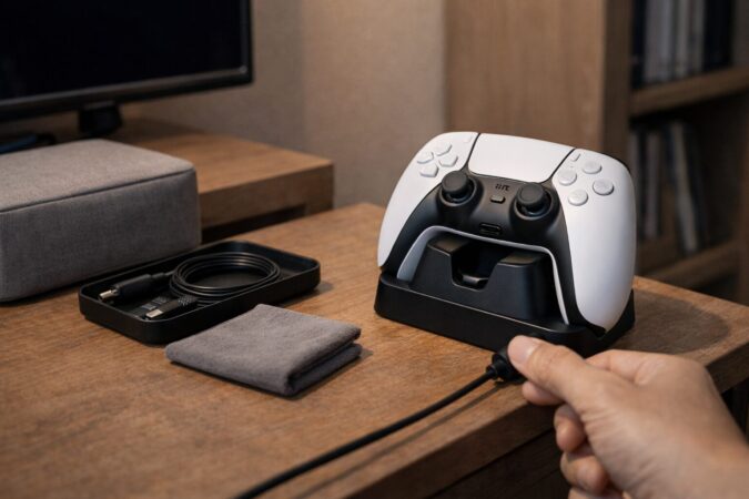 コントローラーを定位置管理し置くだけ充電で長持ちさせる運用イメージ写真