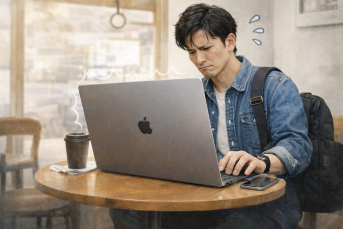小さなカフェの机でMacBook Air 15インチの大きさに圧迫感を感じる利用シーン