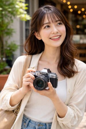 日本人女性がNikon Z fcを持って街歩きやカフェ撮影を楽しんでいる、軽さとデザイン性を伝えるイメージ