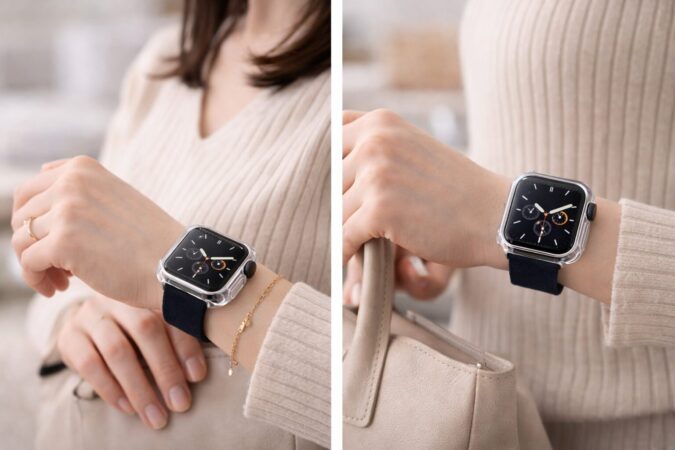女性向けにゴツく見えないApple Watchカバー選びを表現した装着イメージ